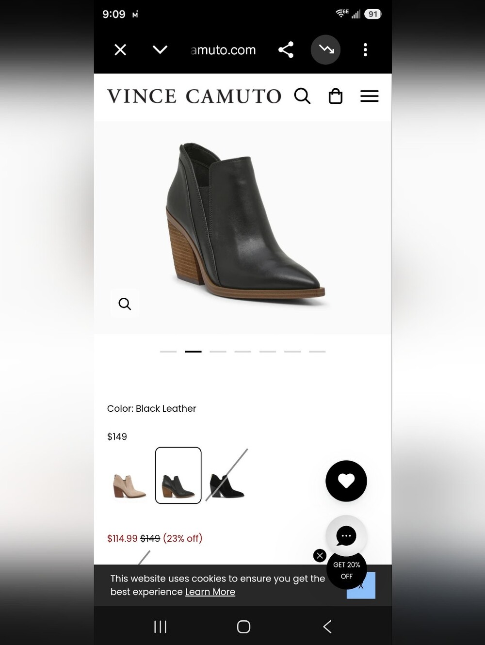 Vince Camuto Gradina Black Leather Pointed Block Heel Booties